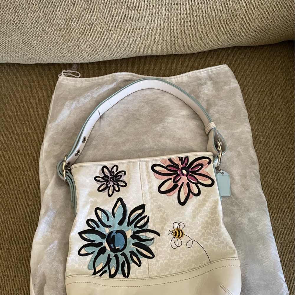 Like New Coach Fabric Bag with Leather trim and embroidered flowers
